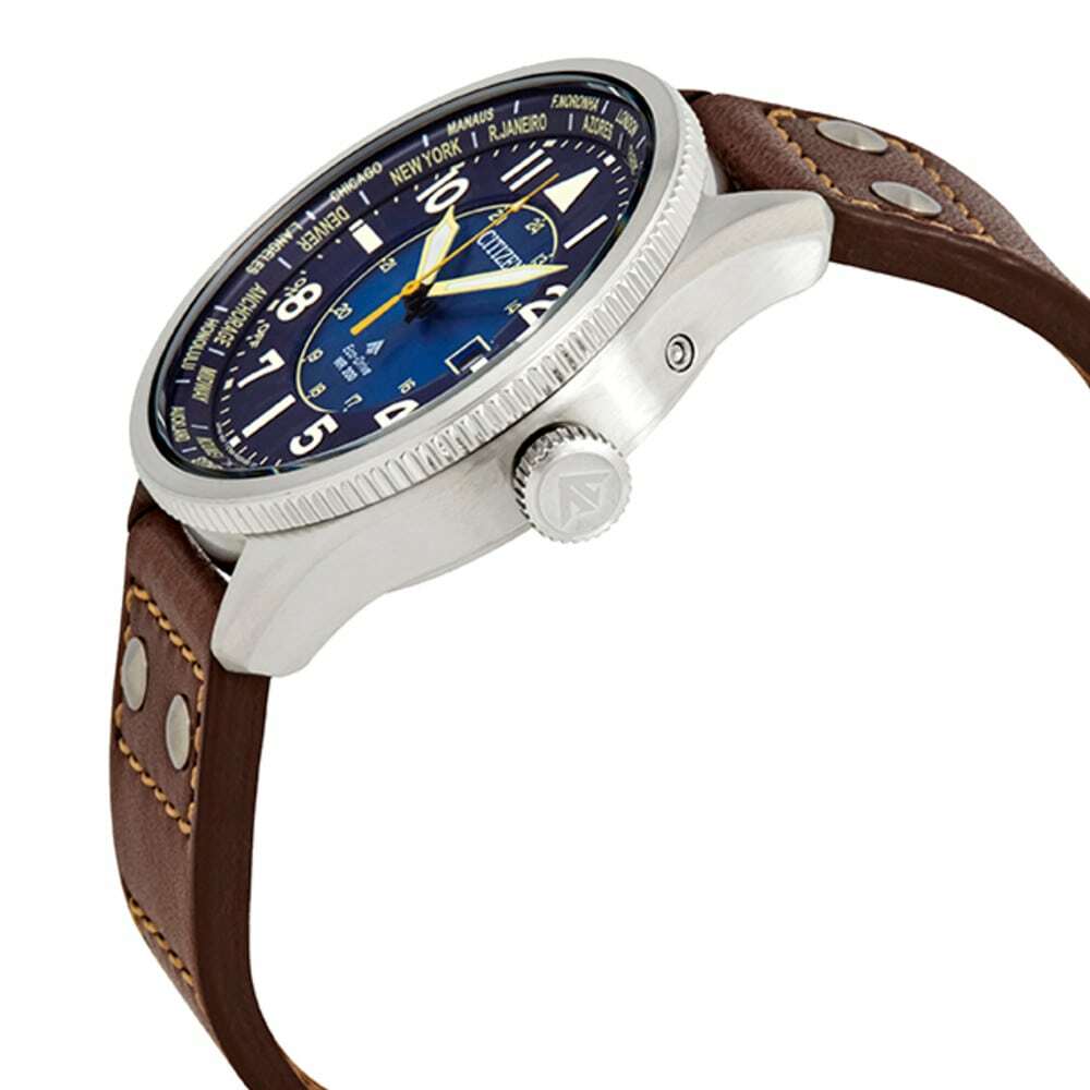 Citizen BX1010-11L Promaster Nighthawk watch featuring a blue dial and coffee brown leather strap, showcasing its elegant design and functionality.